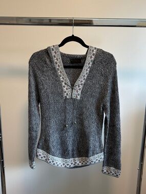 100% Alpaca Fina Handmade Peru Pisac Hooded Sweater Fair Isle Trim Grey Sz XS